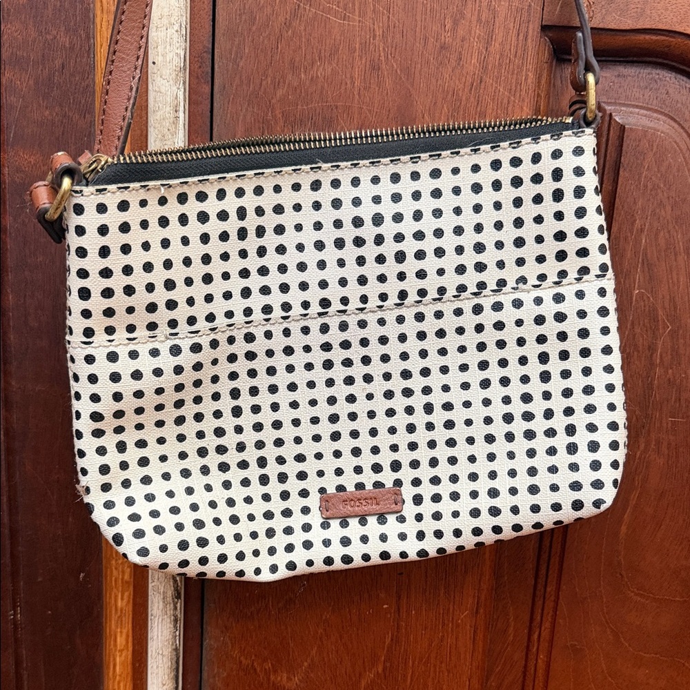 Used FOSSIL Polka Dot Canvas Crossbody Bag - White & Black